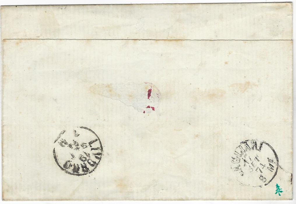 Italian Colonies (Tunisia) 1874 (16 Sept) outer letter sheet to Livorno bearing single franking Emissioni Generali 40c rose tied by fine framed PIROSCAFI/ POSTALI/ ITALIANI, P.D. handstamp to left and in between the two, reading up ‘Da Tunisi’, reverse with Cagliari transit and arrival cds; fine clean condition with fine quality cancels.