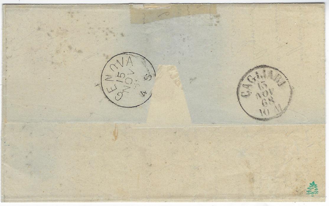Italian Colonies (Tunisia) 1868 (12 Nov) entire to Genova bearing single franking 1863 40c rose-carmine cancelled with dotted lozenge ‘235’ with double-ring Tunisi Poste Italiane cds in association to left, reverse with Cagliari transit and arrival cancel, fine clean condition.