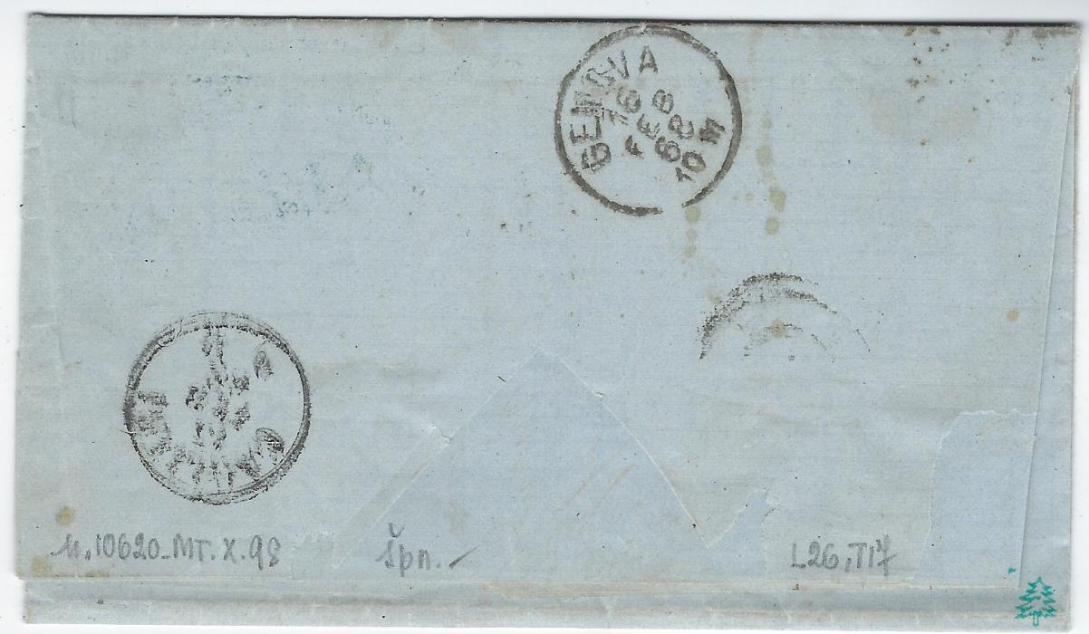 Italian Colonies (Tunisia) 1868 (12 Feb) thick entire to Genova franked at double rate with London printing 10c. pair and a 20c. cancelled by dotted ‘235’ handstamps, Tunisi Poste Italiane transit at right, reverse with Cagliari transit and arrival cds.