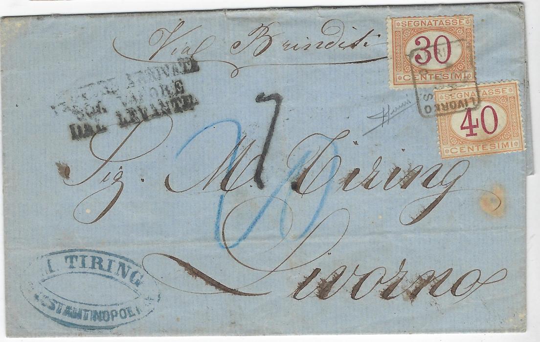 Italian Levant (Constantinople) 1870 (9 april) unpaid stampless entire to Livorno, endorsed “Via Brindisi”, three-line origin maritime handstamp, manuscript rate markings and 30c and 40c Postage Dues applied n tied single framed Livorno date stamp, reverse with Triest transit cds and Udine – Verona tpo; some slight ink running but generally good appearance.