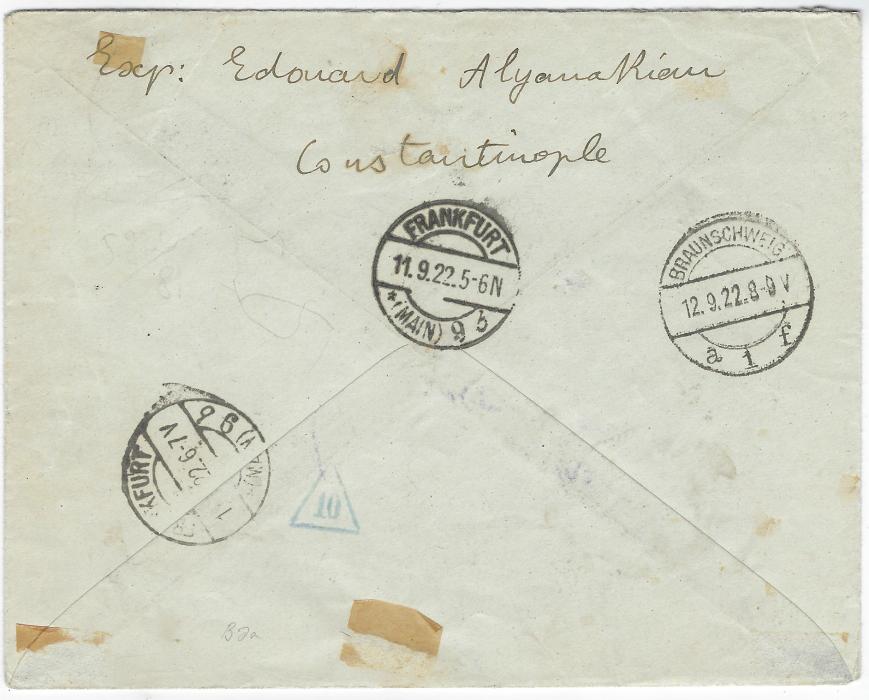Italian Levant 1922 (5.9.) registered express cover to Braunschweig, Germany franked pair ‘PIASTRE/ 7,50’ on 60c. top right whilst at bottom left 15pi on 1,20 Express stamp (issued in August 1922), tied Poste Italiane Constantinopoli date stamps, an express label has been added whilst in transit in Germany, reverse with Frankfurt transits and arrival cds. A very early date for these locally surcharged issues. Mario Merone Certificate.