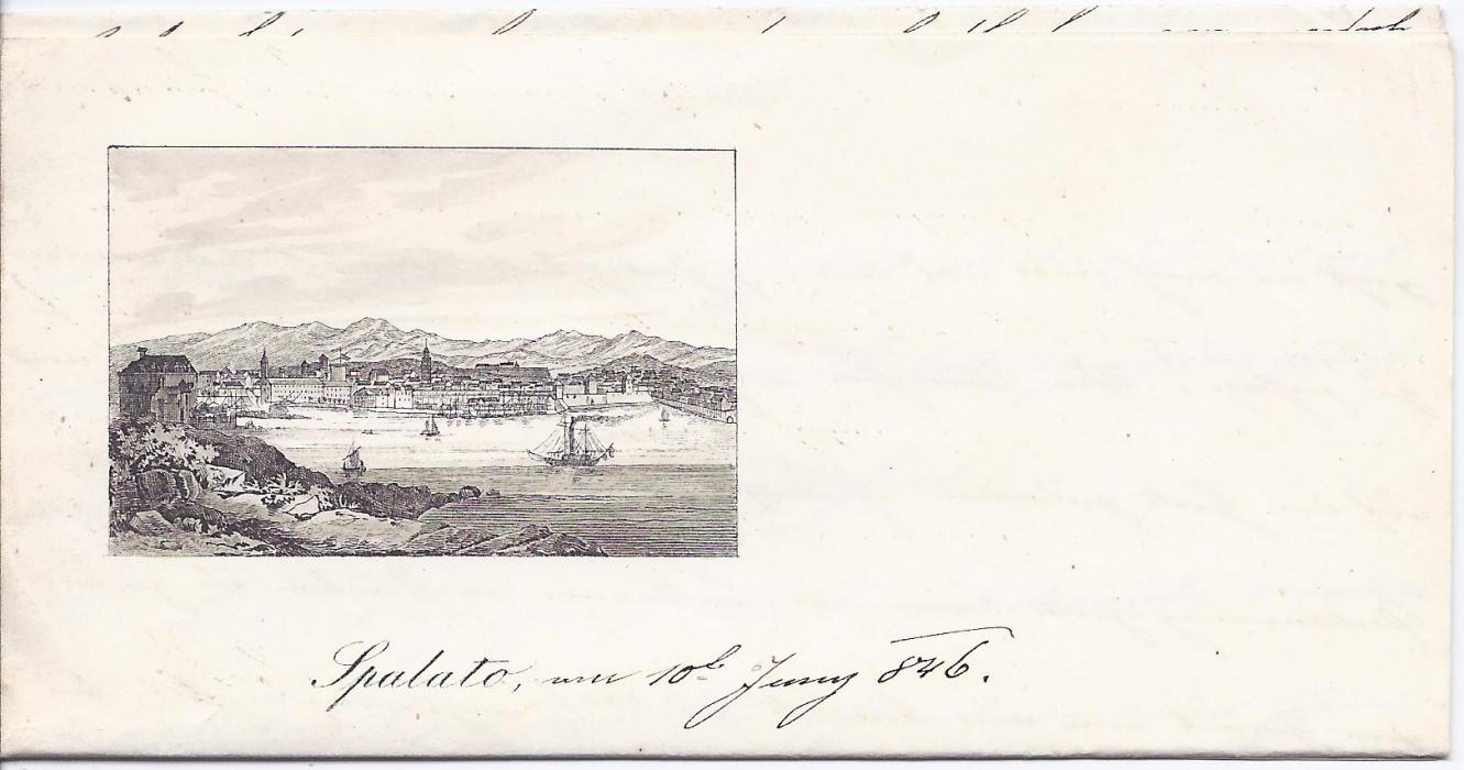 Austria 1846 cover to St Juan bearing two-line Spalato date stamp, Agram transit backstamp. With enclosed letter that bears a fine printed image of the port. Small part of backflap missing and opened-out for display.