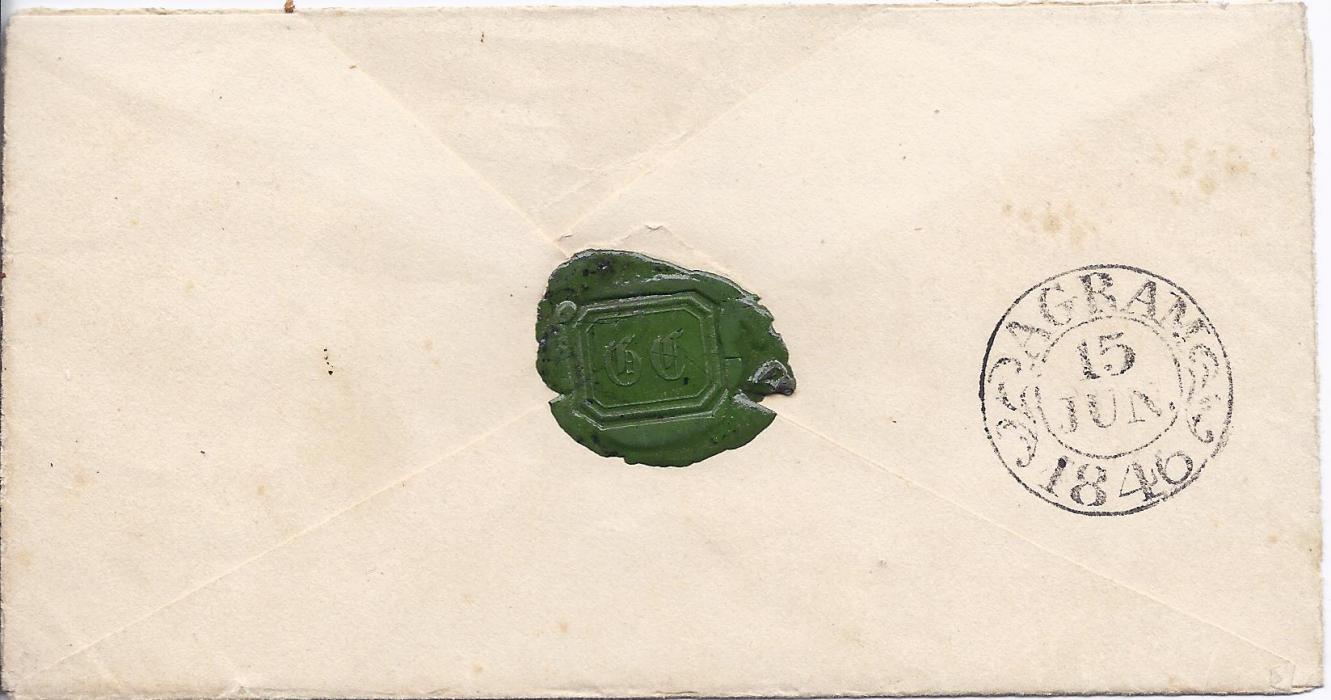 Austria 1846 cover to St Juan bearing two-line Spalato date stamp, Agram transit backstamp. With enclosed letter that bears a fine printed image of the port. Small part of backflap missing and opened-out for display.