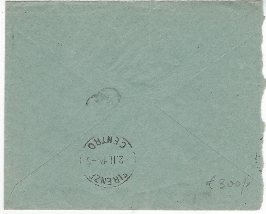 Italian Levant (Palestine) 1914 (23/1) cover to Firenze bearing single franking Gerusalemme/ 1 Piastra 1 on 25c. tied by fine square circle GERUSALEMME date stamp, with another strike alongside, arrival backstamp; slightly reduced at left.