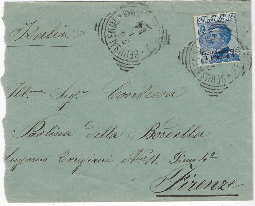 Italian Levant (Palestine) 1914 (23/1) cover to Firenze bearing single franking Gerusalemme/ 1 Piastra 1 on 25c. tied by fine square circle GERUSALEMME date stamp, with another strike alongside, arrival backstamp; slightly reduced at left.