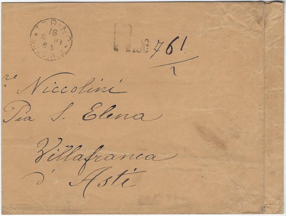 Italy 1893 (16.12.) large folded registered envelope (340 x 135mm) franked at double internal rate to Villafranca, Asti with Torino printing Vittorio Emanuele II 2c. (10, two strips of three, a pair and two singles) plus 1889 45c Umberto; a fine franking with G. Bottacchi Certificate.