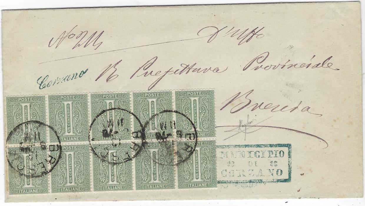 Italy  1878 Official outer letter sheet used within Brescia at concessionary 10c rate, franked 1866 Torino printing 1c block of ten cancelled by three Brescia cds, MUNICIPIO/ DI/ CORZANO framed handstamp and italic ‘Corzano’ above block; Raybaudi signature.