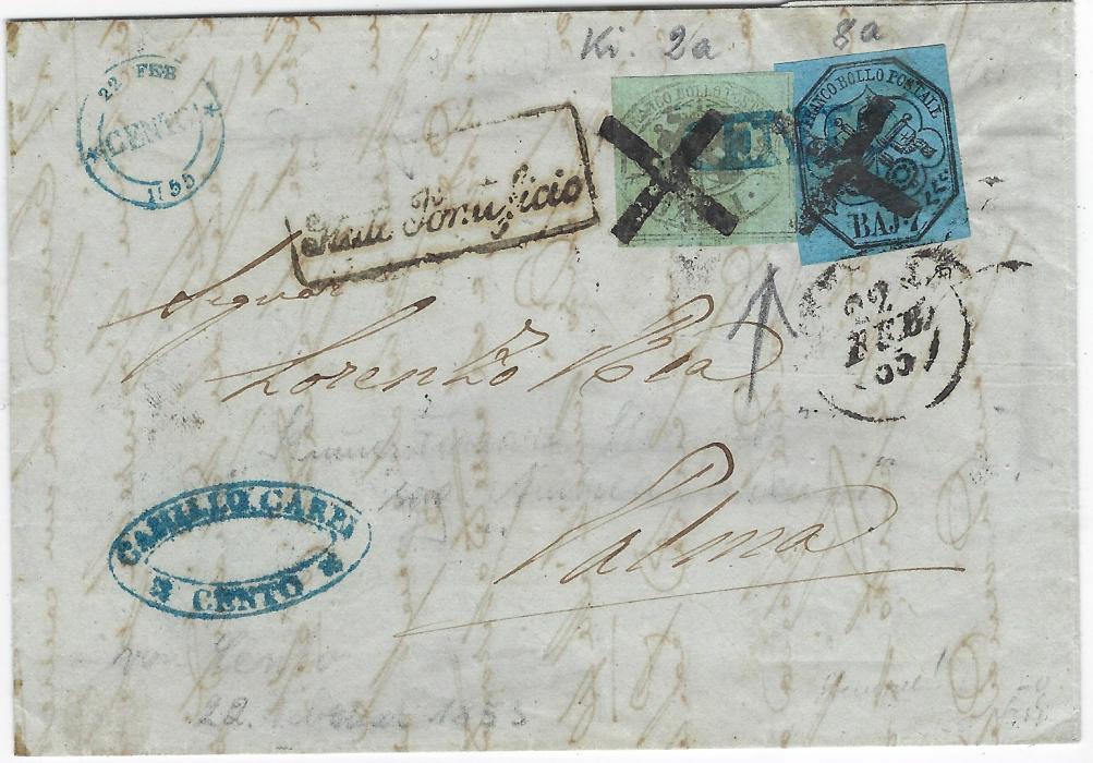 Italian States (Papal States) 1855 entire to Palma franked 1b and 7b with touched to close margins, the 1b with both frame lines at base handstamped with blue CENTO handstamp with matching small cds top left, each stamp additionally cancelled by Ferrara cross, framed Stati Pontificio handstamp to left, arrival backstamp.