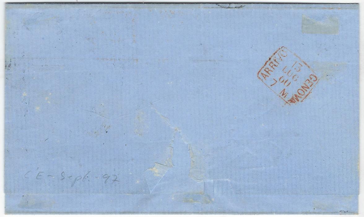 Italian States (Tuscany) 1860 (12.7.) outer letter sheet to Genova bearing single franking 20c light greenish grey-blue, just touched, tied by Livorno cds with further strike alongside, underpaid with P.D. obliterated with five bar cancel, italic ‘Insufficiente’ handstamp applied at top, manuscript “3” and red ‘Da Livorno/ VIA DI MARE’, arrival backstamp. A very fine and scarce usage, Raybaudi Cert.