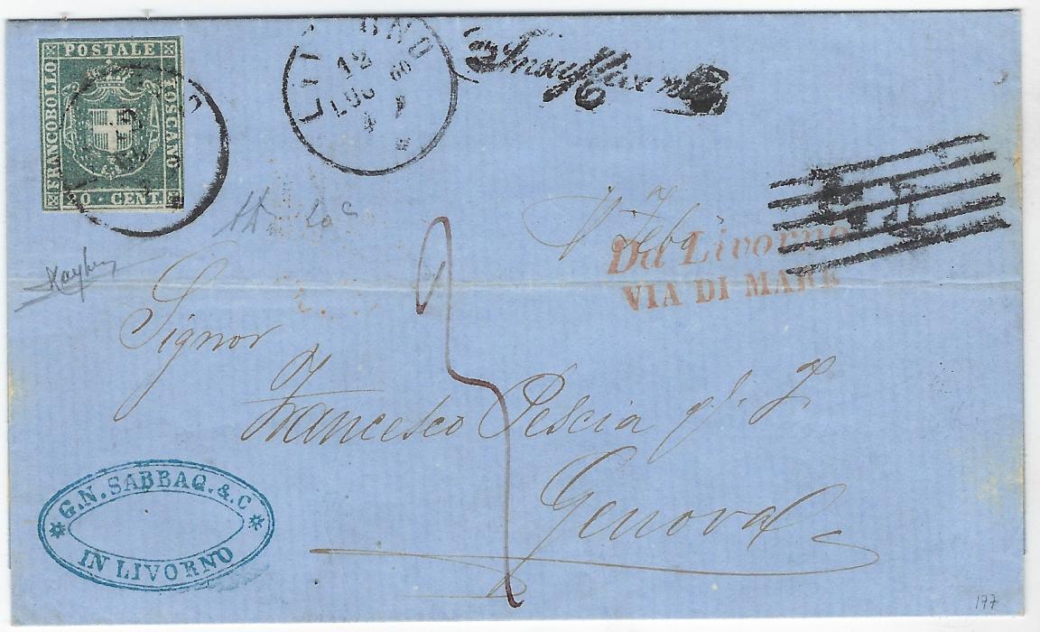 Italian States (Tuscany) 1860 (12.7.) outer letter sheet to Genova bearing single franking 20c light greenish grey-blue, just touched, tied by Livorno cds with further strike alongside, underpaid with P.D. obliterated with five bar cancel, italic ‘Insufficiente’ handstamp applied at top, manuscript “3” and red ‘Da Livorno/ VIA DI MARE’, arrival backstamp. A very fine and scarce usage, Raybaudi Cert.