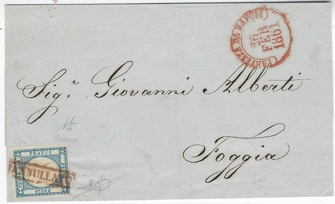 Italian States (Neapolitan Provinces) 1861 (26 Feb) outer letter sheet to Foggia bearing single franking 2gr., good to large margins tied by framed ANNULLATO, fine Partenza Da Napoli date stamp at right, arrival backstamp of the following day. An early usage of this stamps, 12 days after issue and a rarer cancel on this issue, signed A.Diena, Sassone and Raybaudi, ex Provera.