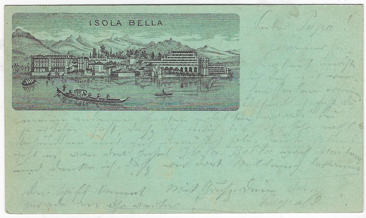 Italy (Picture Stationery) 1890 10c. Umberto stationery card on bluish paper with fine image on reverse titled  ISOLA BELLA, one of the Borromean Islands on Lake Maggiore, used from Stresa; fine and attractive early card.