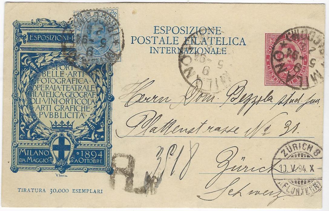 Italy (Commemorative Stationery) 1894 10c  Umberto illustrated card for International Stamp Show with image at left in blue and turquoise, sent registered to Zurich, Switzerland with additional 25c., tied Milano cds, ‘R’ handstamp with manuscript number at base and arrival cds bottom right; fine and scarce usage.