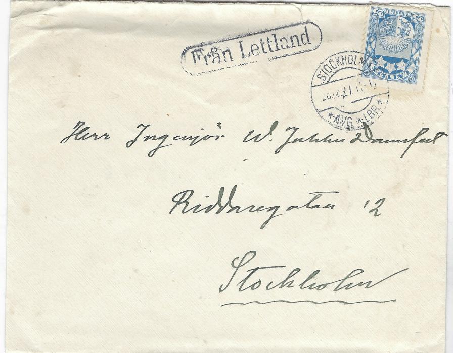 Latvia 1927 envelope to Stockholm franked 25s dull blue Coat of Arms tied by Stockholm cds with framed Fran Lettland origin handstamp; good clearly cancelled maritime cover.
