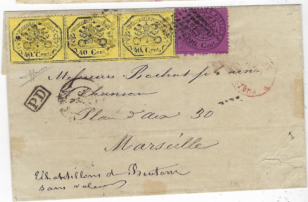 Italy (Papal States) 1870 (3 Feb) outer letter sheet to Marseille franked 1868 horizontal strip of three 40c black on straw and 20c lilac-rose (Sa. 29f & 28d) tied by diamond lozenge, Roma  cds and framed ‘PD’, red transit at right and arrival backstamp. Light vertical creasing just affecting middle 40c., small surface fault bottom right, signed E Diena and Sorani Cert. A rare multiple on cover. 