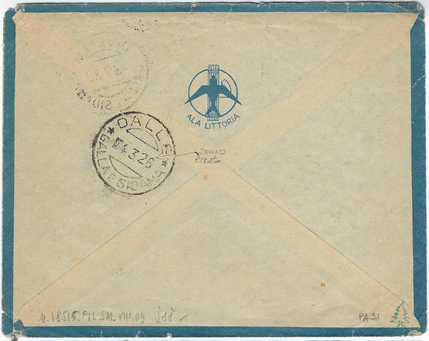 Italian Colonies (Somalia) 1938 (3.7.) ‘Ala Littoria’ 1L franked airmail cover cancelled Iavello Galla e Sidama cds with a finer cds to left, reverse with Dalle Galla E Sidama backstamp with error of year. Some toning around stamp, a very rare cancel and internal airmail of Italian East Africa (Galla e Sidama was a district formed from land conquered from Ethiopia).