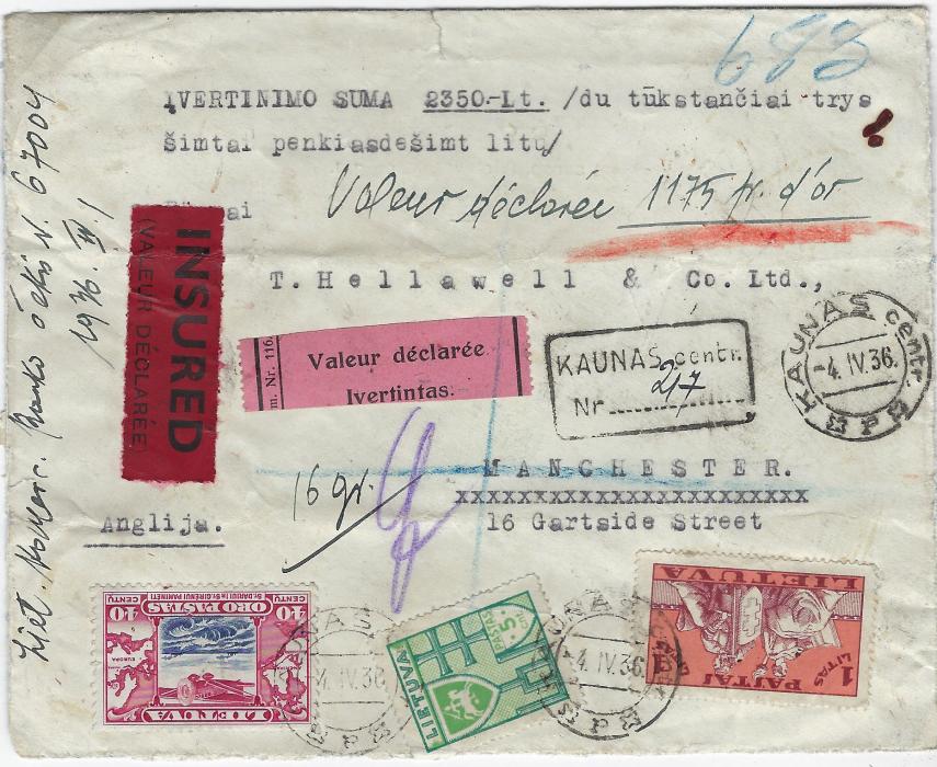 Lithuania 1936 (4. IV.) registered insured envelope for 2350 Lt to Manchester, the value interpreted in manuscript to “Valeur declaree 1175 fr. d’or”, franked front and back with 5c., 40c. and 1L (5) tied Kaunas cds, ‘Valeur declaree’ bilingual pink label, black on red INSURED label applied in England, framed registration handstamp, five fine red wax seals on reverse; envelope opened out for display.
