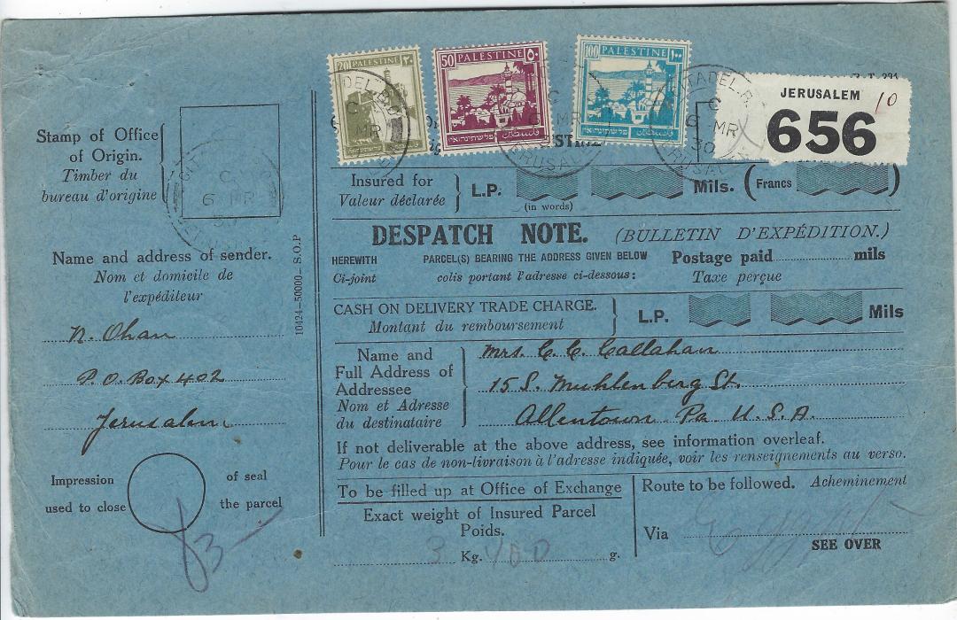 Palestine 1930 (6 MR) parcel card to United States for a 3k 400g parcel franked 10m, 50m and 100m tied by Citadel.B. Jerusalem cds that also ties the white label at right, reverse with transit cancels of Port Said/ Port (10 MR) and Alexandria Foreign Parcels Post (11.3.)