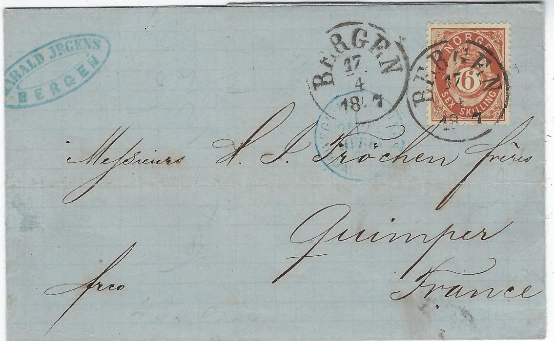 Norway 1877 (17/4) outer letter sheet to Quimper, France bearing single franking 6 Skilling tied by Bergen cds with another strike to left, this overstruck with blue French entry cds, reverse with Paris A Brest tpo and arrival cds; good clean condition.