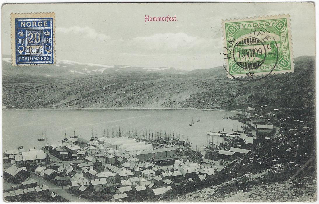 Norway (Bypost) 1909 (19 VII) picture postcard of Hammersfest with 8o. Vadso Bypost stamp tied to front with Hammerfest cds, another stamp added at left not tied, addressed to Hungary and showing two-line maritime Osterreichischer Lloyd TRIEST/ Luxusjacht “THALIA” handstamp.