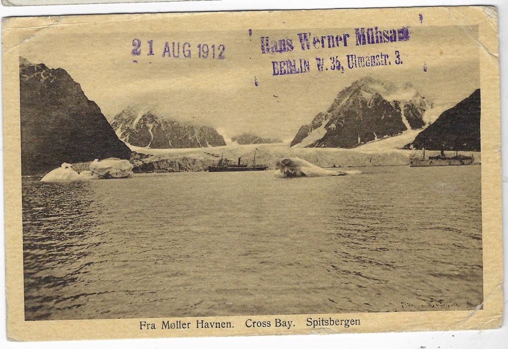 Norway (Spitsbergen) 1912 picture postcard of Cross Bay sent Hammerfest to Berlin, franked 10o postage stamp plus 5o ‘Polar Bear’  local post tied by unclear local cancel, with various violet straight-line date stamps of 21 AUG for years 1909, 1910, 1911 and 1912; bottom and top right corner creases to card.