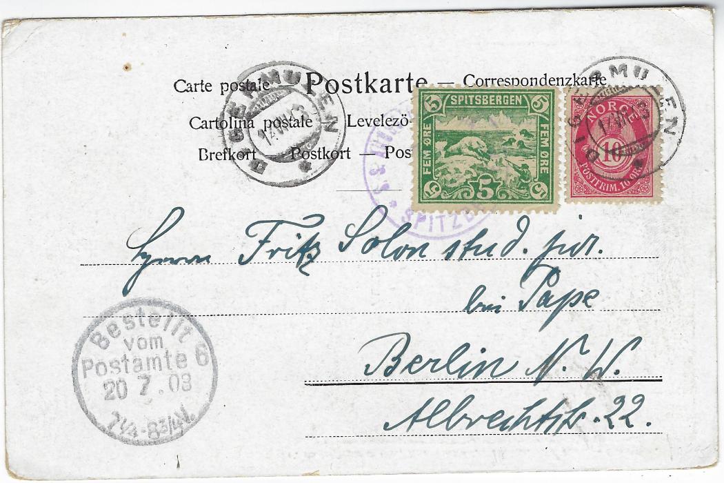 Norway (Spitsbergen) 1903 (14.VII) picture postcard to Berlin franked 10o. tied Digermulen double-ring cds, repeated at left, 5o. green ‘Polar Bear’  added and tied by violet ships cancel of Spitzbergen, arrival cds at bottom left; slight corner bumps to card, fresh condition.