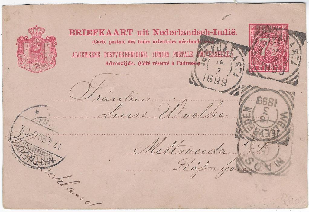 Netherland Indies (Picture Stationery) 1899  7½c stationery card with blue image on reverse of a bustling street scene, used to Mittwenida, Germany with square circle despatch and transit date stamps. Fine and scarce.