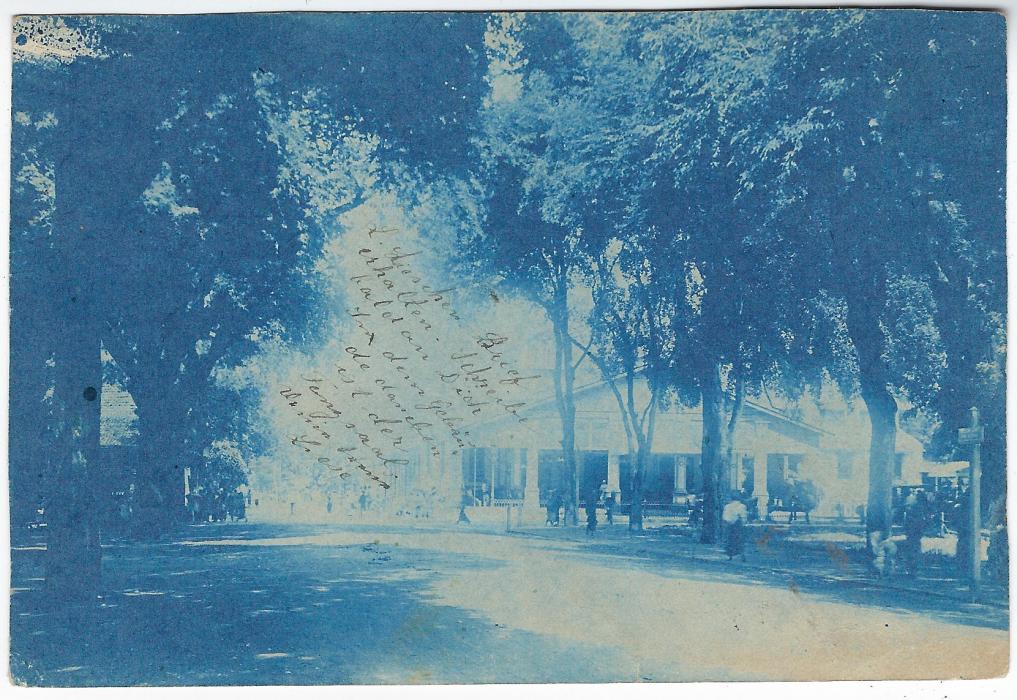 Netherland Indies (Picture Stationery) 1899  7½c stationery card with blue image on reverse of a bustling street scene, used to Mittwenida, Germany with square circle despatch and transit date stamps. Fine and scarce.