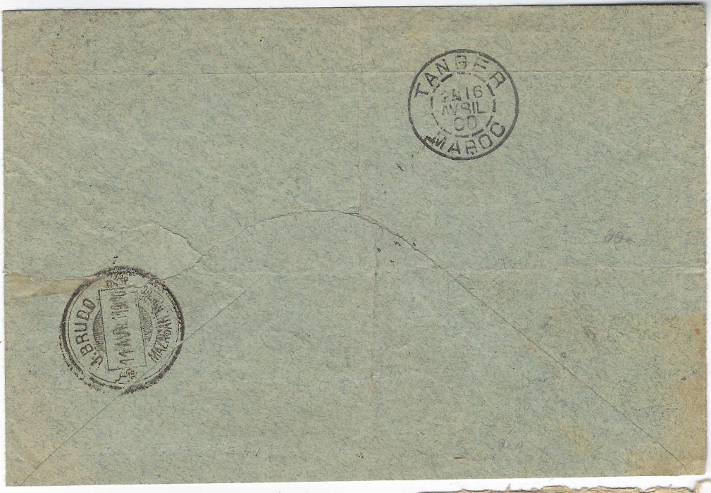 Morocco (Local Post) 1900 (9 Avril) printed envelope to Vienna franked French Post Offices 25c on 25c tied Mazagan Maroc date stamp, repeated below, in combination with Mazagan A Marakech 10c black and blue tied J.BRUDO date stamps, further strike on reverse of 11 Avr and Tanger Maroc transit of 16 Avril; vertical and horizontal filing folds and a couple of small tear; scarce.