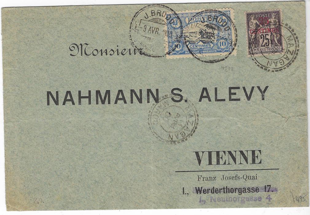 Morocco (Local Post) 1900 (9 Avril) printed envelope to Vienna franked French Post Offices 25c on 25c tied Mazagan Maroc date stamp, repeated below, in combination with Mazagan A Marakech 10c black and blue tied J.BRUDO date stamps, further strike on reverse of 11 Avr and Tanger Maroc transit of 16 Avril; vertical and horizontal filing folds and a couple of small tear; scarce.