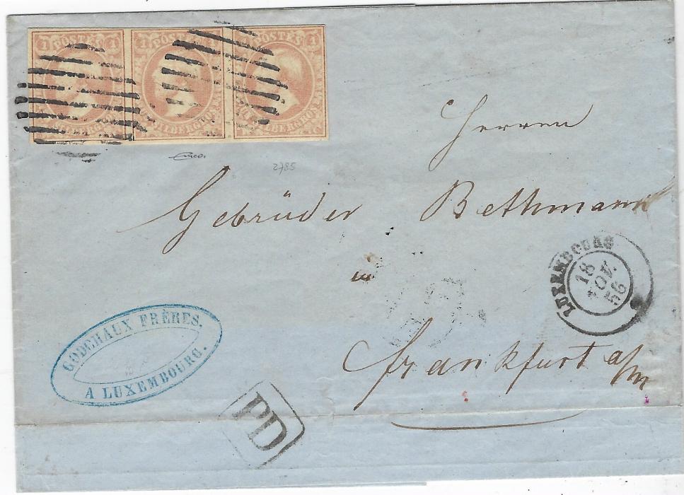 Luxembourg 1856 (18 Nov) outer letter sheet to Frankfurt franked by 1852 1Sgr dull red in horizontal strip of three, clear to good margins all round, tied grid of horizontal bars, cds at right and framed PD at base, reverse with framed Trier transit and arrival cancel.