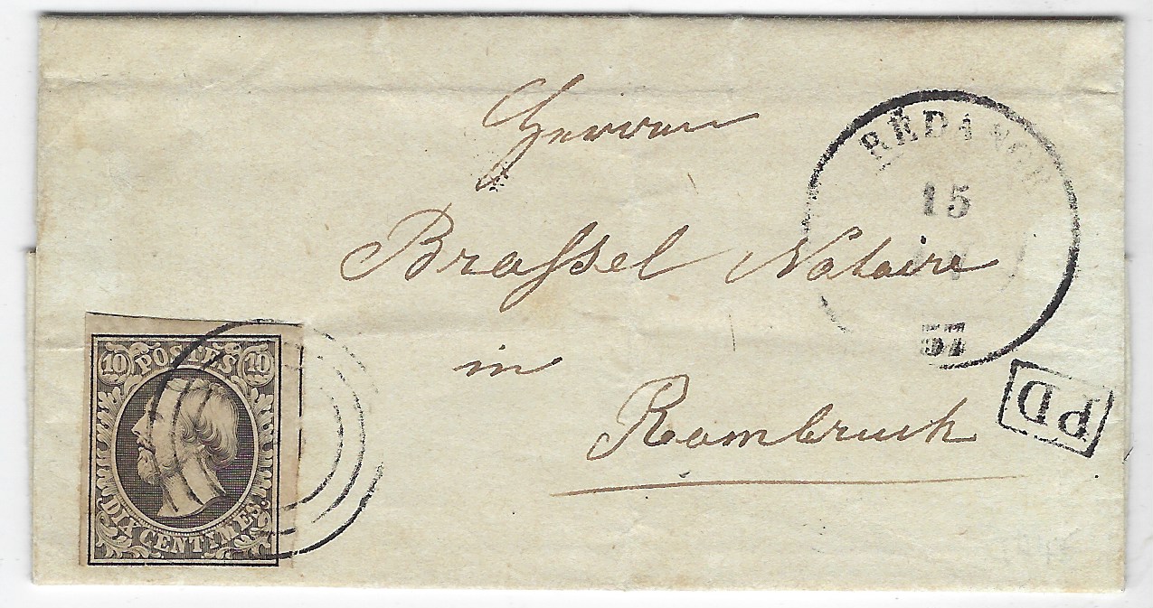 Luxembourg 1857 (15 Juin) small entire to Rambrouch bearing single-franking 10c black, close to large margins (top and right showing frame line of adjacent stamps) tied three-ring cancel, framed PD at right and Redange cds; light horizontal filing crease affecting stamp.