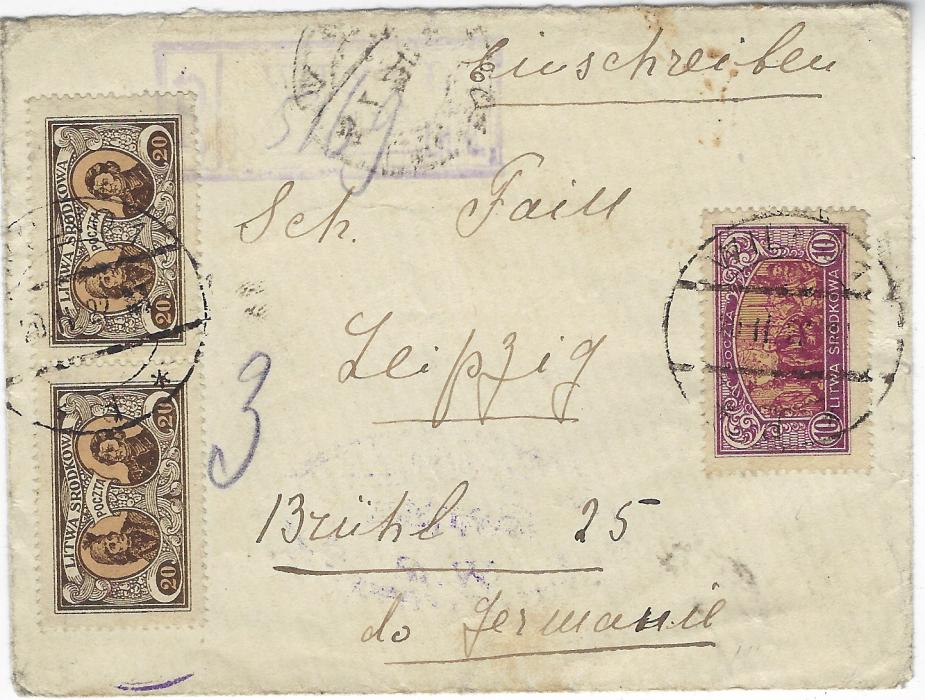 Lithuania (Central) 1922 registered cover to Leipzig franked 10m and pair 20m tied by Wilna 1 cds, violet registration handstamp at top, reverse without backflap but showing part of violet oval Berlin handstamp; scarce commercial cover.