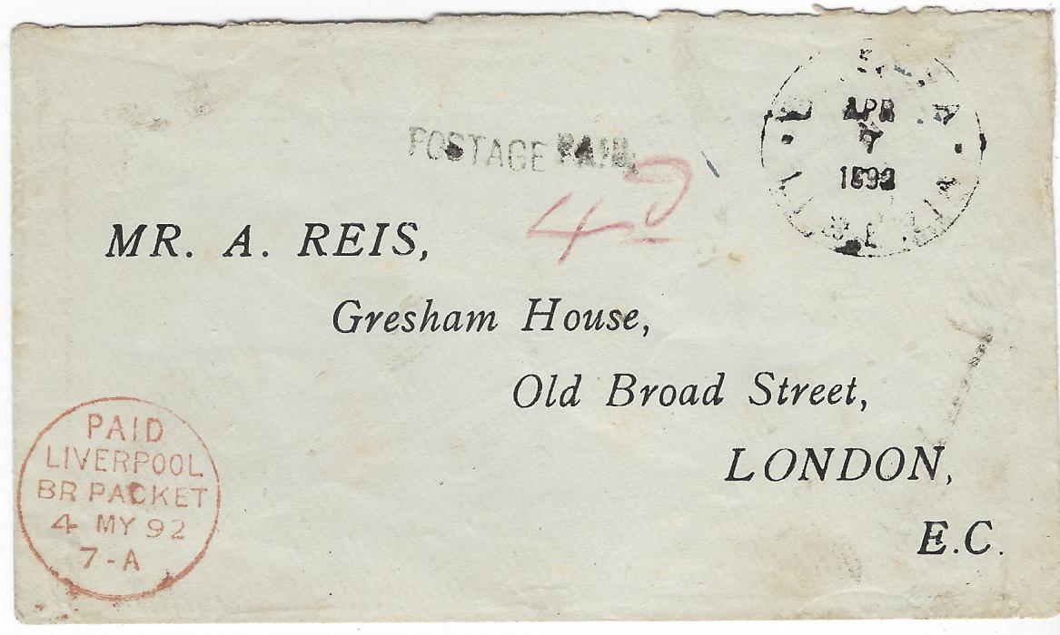 Liberia 1892 (Apr 7) stampless printed envelope to London bearing straight-line ‘POSTAGE PAID’ handstamp, to right a little unclear Bassa Liberia cds, PAID/ LIVERPOOL/ Br PACKET transit at left; good example from this correspondence.