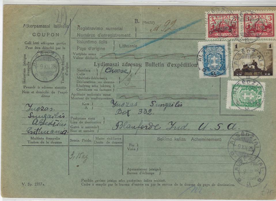 Lithuania 1928 (9 XII) 3.15kg parcel card to Indiana, USA franked at 7L.30s rate with Alsedziai despatch date stamp; central vertical crease.