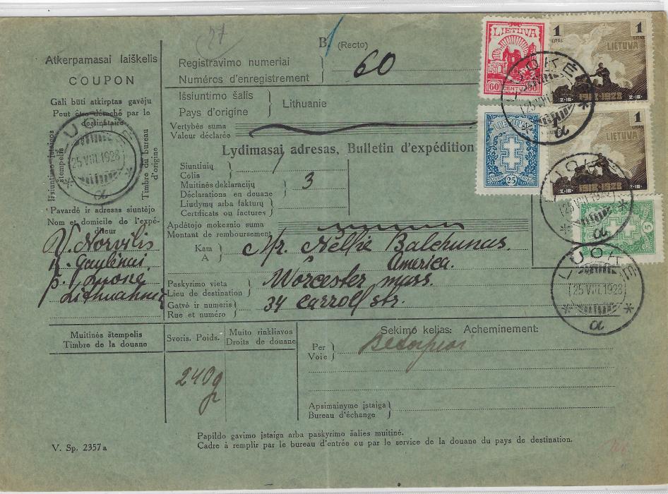 Lithuania 1928 (25.VIII.) 2.40kg parcel card to Worcester, Mass., USA franked at 2L.95s. rate with Luoke despatch date stamp; central vertical crease