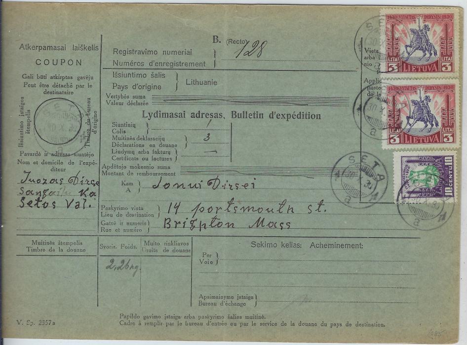 Lithuania 1930 (30.X.) 2.26kg parcel card to Brighton, Mass., USA franked 6L.10s. rate with Seta despatch date stamp; central vertical crease