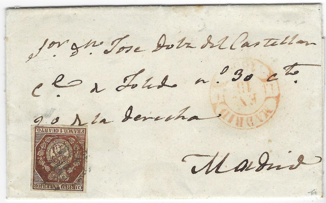 Spain Unclearly dated small internal Madrid franked with 1cu bronze (Edifil 22) tied by grill of bars, red date stamp at right. Stamp with good to large margins, a good example with CEM Certificate (2022)