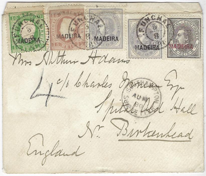 Portugal (Madeira) 1880 (3/8) envelope to Birkenhead bearing mixed issues franking 1875-76 15r brown (p.13½), 1879-80 10r green (p.13½), 1880 5r and two 25r lilac (p.13½) tied three Funchal datestamps, Southampton Ship Letter transit of AU 14, arrival backstamps; three of the stamps affixed over the top of the envelope with some resultant damage, large part of backflap missing. Still an attractive franking.
