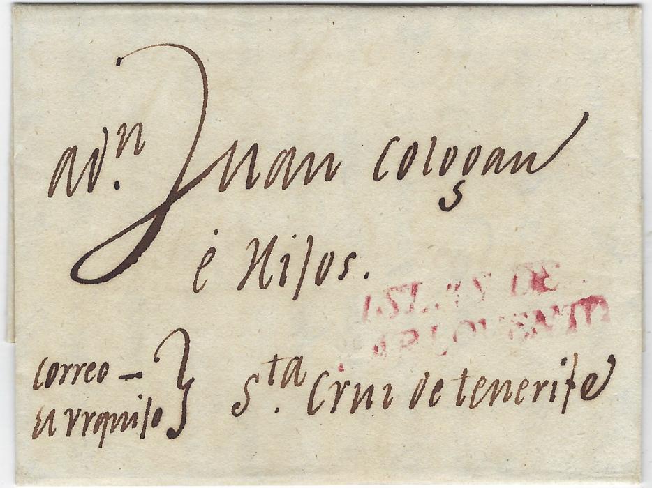 Spain (Antilles – Windward Islands) 1801 (Oct 24) entire to Sta Cruz de Tenerife bearing fair two-line strike in magenta ISLAS DE/ BARLOVENTO, docketed despatch from “Havonay” and received”17 Apl 1802”; fine and clean condition.