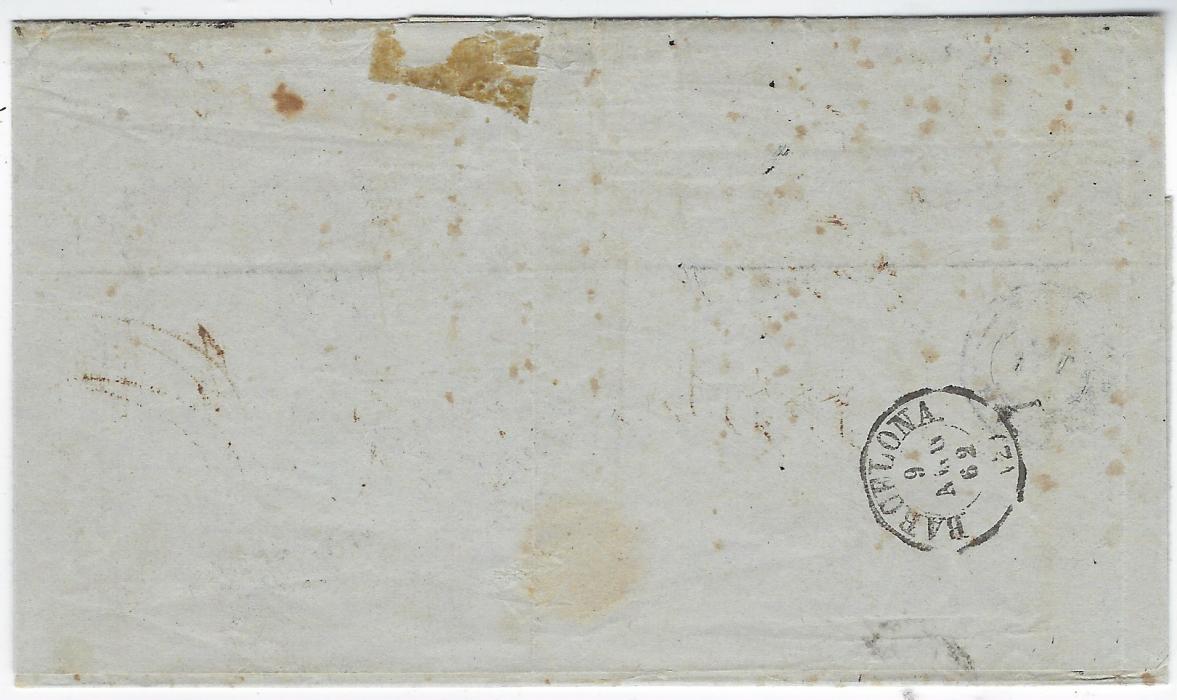 Cuba 1862 (15 Julio) entire to Barcelona, endorsed “Vapeur ‘Ciudad Candel” franked with two 1857-61 No Watermark 1r yellow-green with grid cancel, arrival backstamp; some toning around edge of stamps.