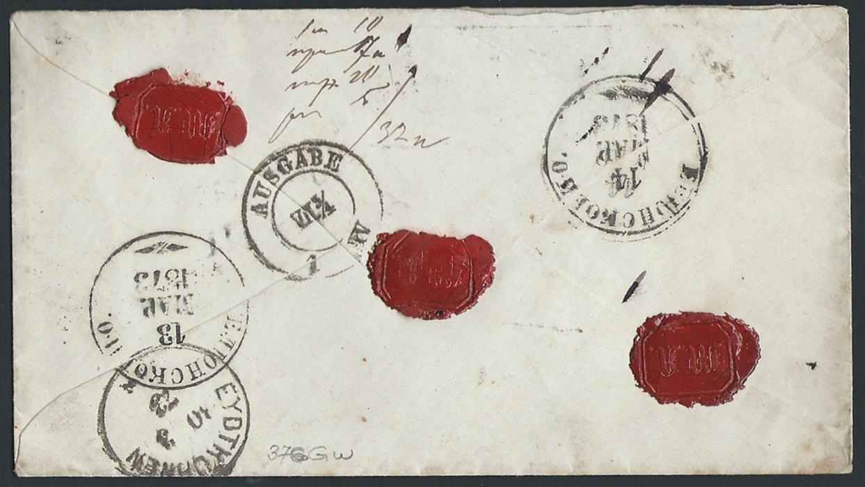 Russia  1873 Stampless registered envelope from Elgonskov to Leipzig, postage paid in cash - annotation at the back side. Front shows Prussian RECOMANDIRT and 