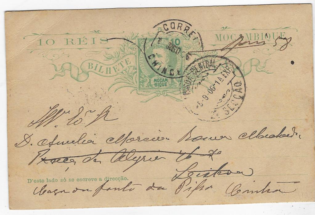 Portuguese Colonies (Mozambique) 1906 (1 Ago) 10r green postal stationery card with photographic image on reverse of native soldiers with colonial officer, used from Chinde to Lisbon; good condition.