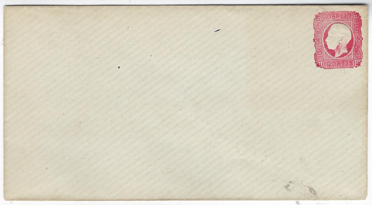 Portugal (Postal Stationery) 1866-67 100 Reis carmine envelope essay with image of King Luis I as per 1862 issue; some red ink smudging on neck otherwise fine and scarce.