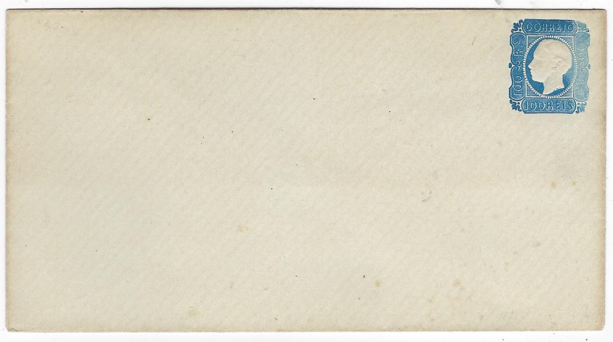 Portugal (Postal Stationery) 1866-67 100 Reis blue envelope essay with image of King Luis I as per 1862 issue; some under inking at right side otherwise fine and scarce.