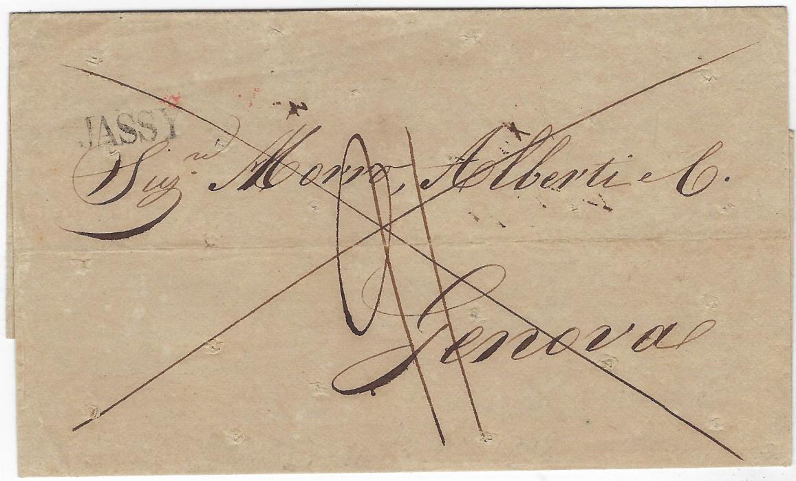 Romania 1838 outer letter sheet to Genova bearing straight-line JASSY despatch handstamp, docketed inside as from “Fratelli Pedemonte” forwarding agents at Galatz, disinfected with rastel punch holes on arrival. Tchilinghirian suggests that the straight-line JASSY cancel started in 1840, this shows that in fact it was introduced earlier during Austrian Imperial Administration.