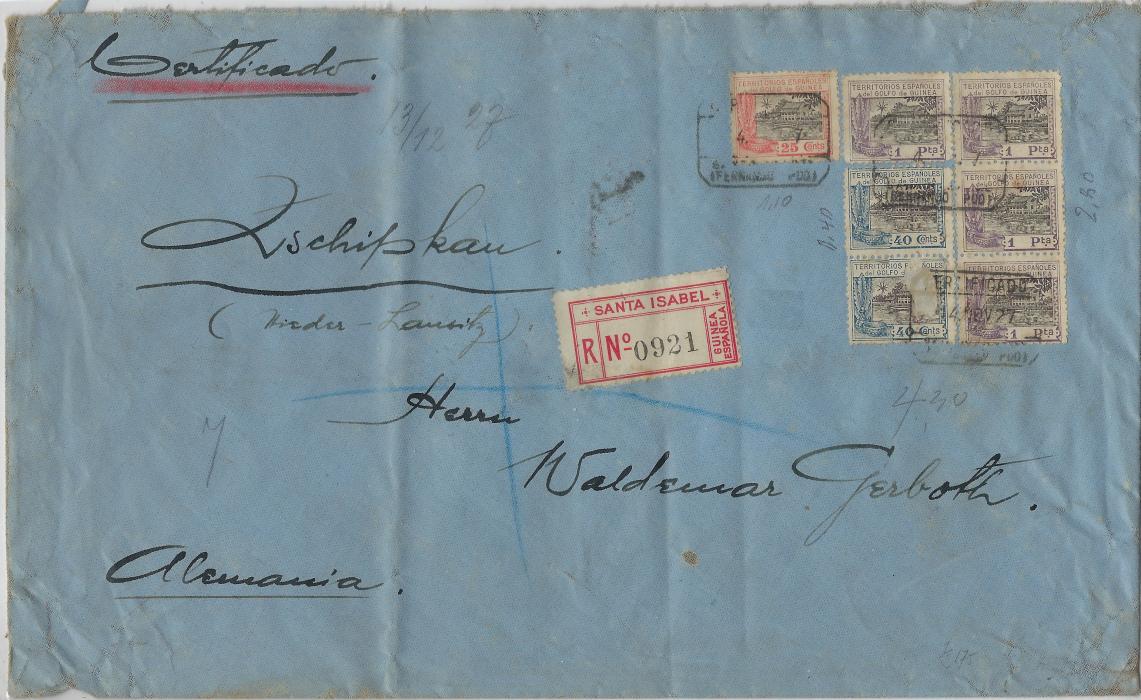 Spanish Guinea 1927 large registered cover to Germany franked 1924 ‘Nipa House’ 25c., 40c vertical pair (bottom stamp surface fault) and 1p single and vertical strip of three tied Santa Isabel framed date stamps, registration label to left, reverse with Madrid transit and arrival cancels. Some vertical folds, still a fine cover.