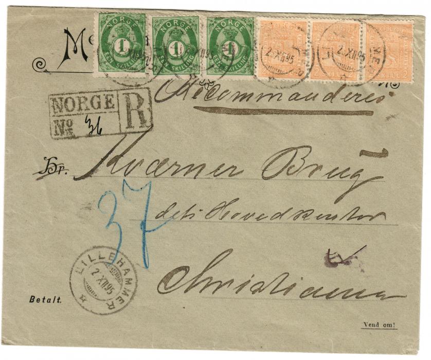 Norway 1895 (2. XII) advertising envelope registered to Christiania bearing mixed franking 1867 2sk. horizontal strip of 3 and 1873 1sk. (3) tied by Lillehammer cds, registration handstamp at left; some damage to reverse