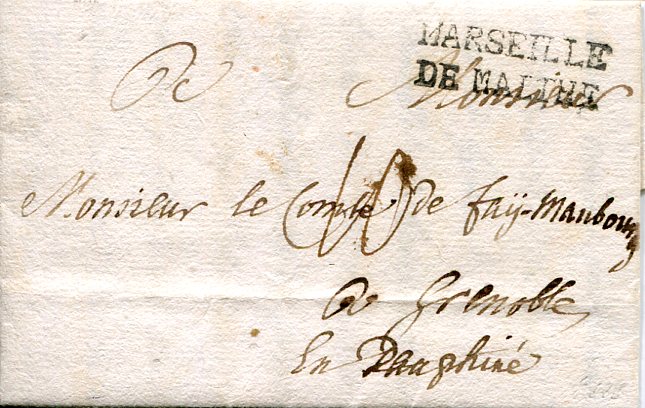 Malta Malta: 1767 entire to Grenoble struck with a very fine example of the rare two lines MARSEILLE / DE MARTHE, rated 