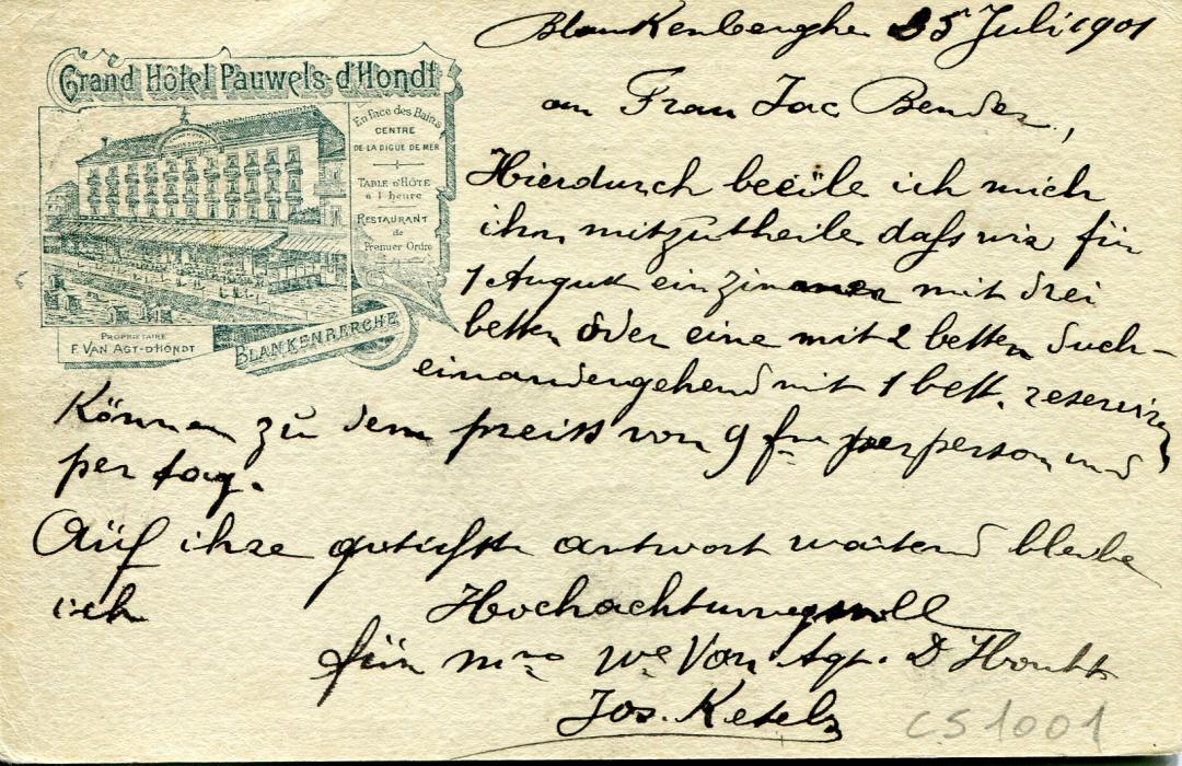 Belgium 1901 (25 Juil) Illustrated 10c postal stationery addressed to Germany with hotel advertising (Grand Hotel Pauwels dHondt Blankenberghe), Coln arrival cds, fine.